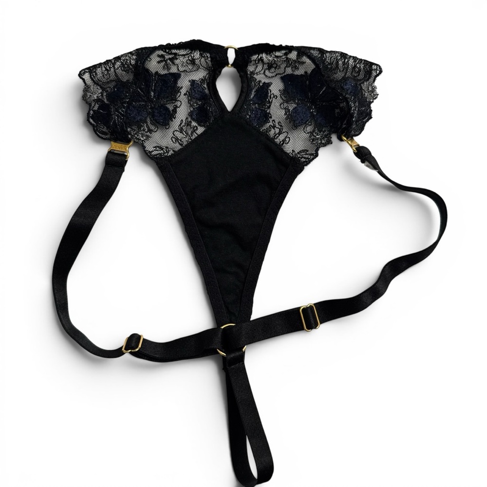 Bordelle Vita Bra Medium Thong SS Set Black Navy Gold Hardware - Picture 5 of 6